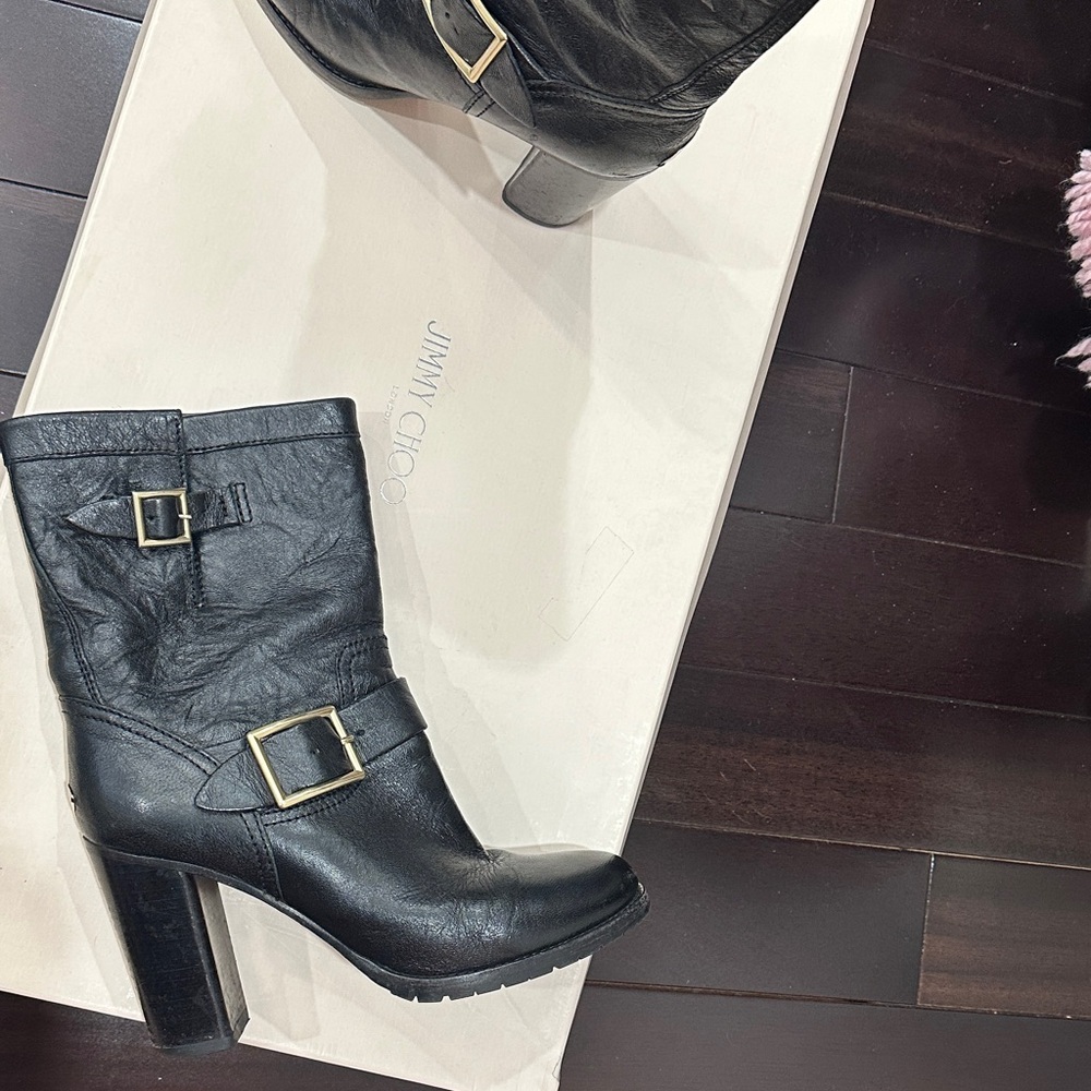 Jimmy Choo Black Heeled Boots with Gold Buckles